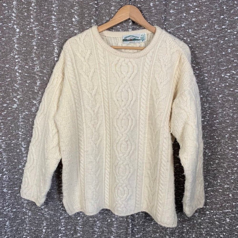 Aran Crafts Merino Wool Cable Knit Fisherman Sweater Cream XL Made in Ireland